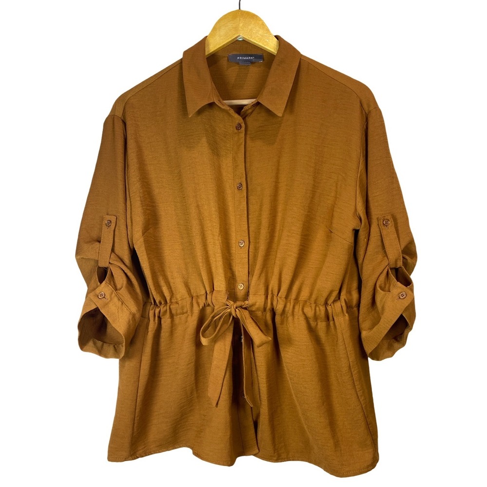 Primark Women Tobacco Brown Roll Tab Sleeve Tie Waist Button Down Top Size 10